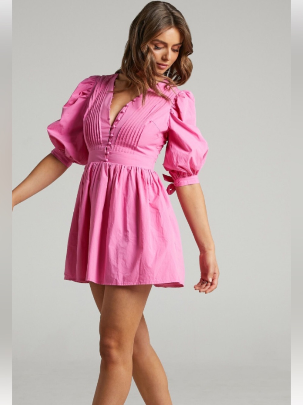 Women's Pink Puff-Sleeve Mini Dress with Pintuck Bodice
